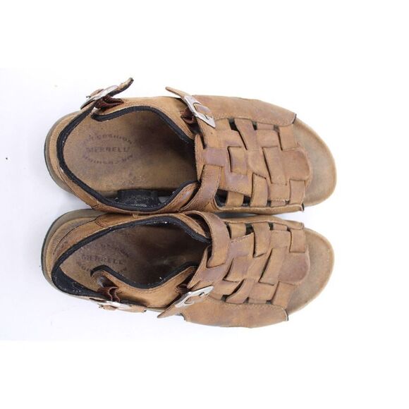Womens Merrell Bracken Brown Leather Slip On Sandals Strappy Size 8 - Picture 1 of 11